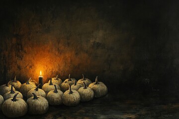 A Group of Small Pumpkins Arranged in a Pattern, Eerie Candlelight Casting Shadows Nearby, Creating a Mysterious and Spooky Ambiance