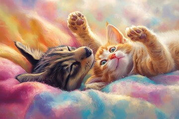 A Happy Dog and Cat Playfully Rolling Around on a Soft, Colorful Blanket, Their Paws Gently Tapping, Surrounded by Bright Pastel Colors
