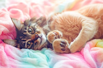 A Happy Dog and Cat Playfully Rolling Around on a Soft, Colorful Blanket, Their Paws Gently Tapping, Surrounded by Bright Pastel Colors
