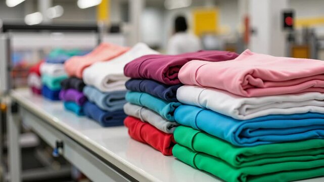 Colorful folded clothes neatly stacked in a retail environment  