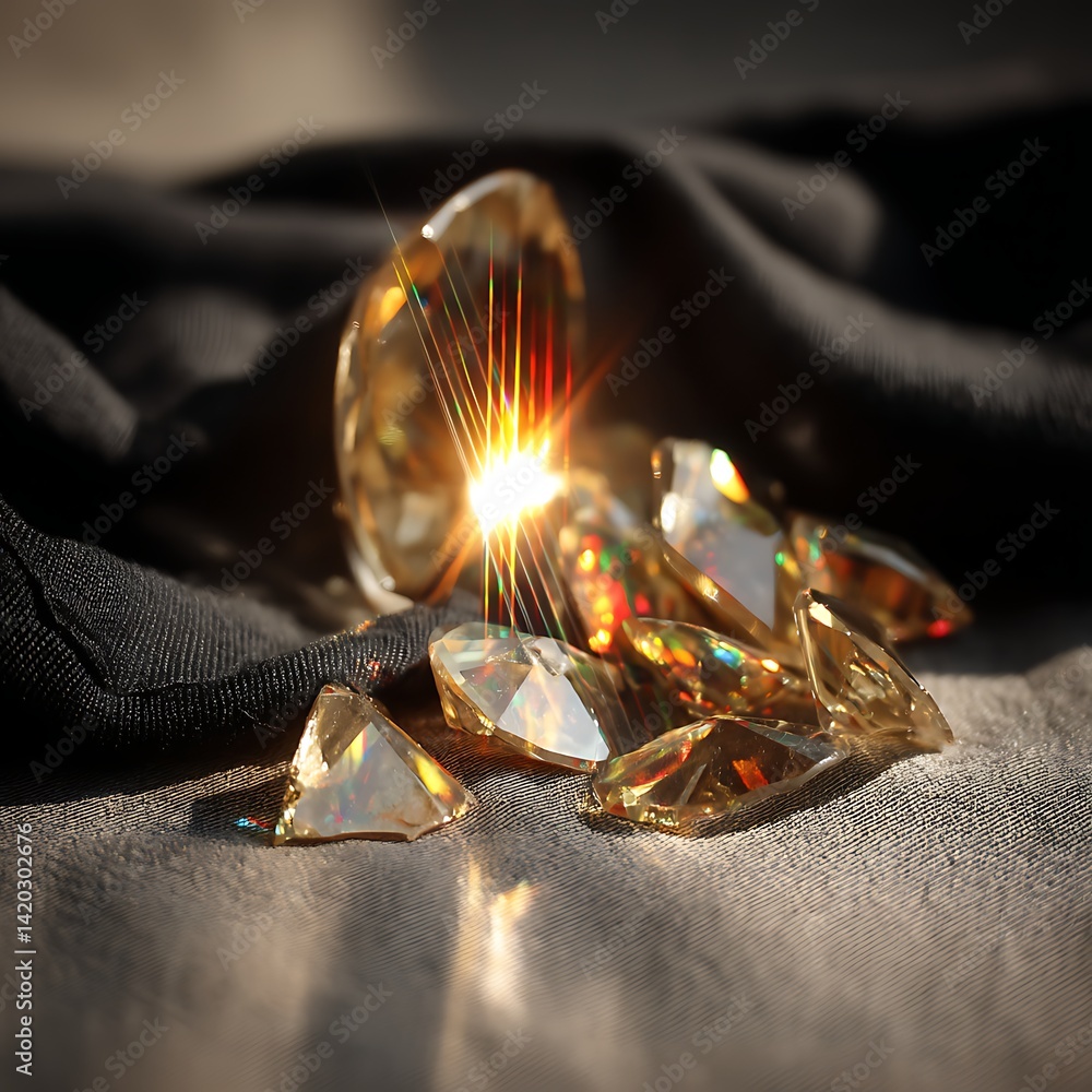 Aufkleber sparkling gemstone cluster on luxurious fabric gleaming with iridescent light and prismatic reflecti