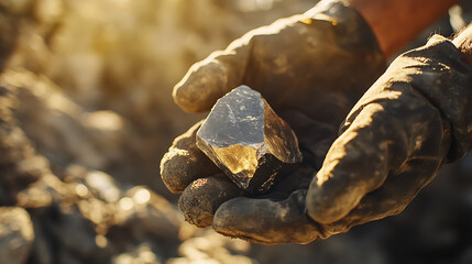 Lithium miner holding extracted mineral sample against the sunlight. Featuring inspection and curiosity
