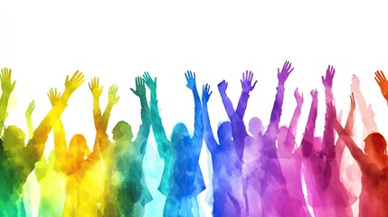 A diverse group of people stands in a line, clapping enthusiastically.