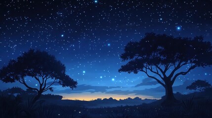 Stars twinkle above two silhouette trees on a gentle hill under a clear night sky in a serene landscape