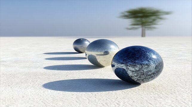Spherical Harmony Three Metallic Orbs Reflecting Light in a Serene Landscape Underneath a Clear Sky.