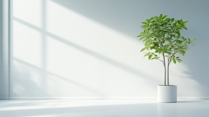 Obraz premium Minimalist interior scene with plant. Sunlight streams through a large window, casting shadows on a white wall