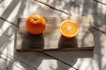 A Fresh, Juicy Orange Resting on a Warm-Toned Wooden Board in a Minimal Composition, Bathed in Bright Natural Light for a Crisp, Refreshing Look