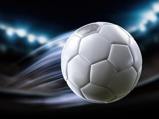 Fototapeta premium Soccer ball in motion during a night match with stadium lights illuminating the background