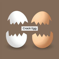 A stylized illustration of cracked white and brown egg shells with jagged edges on a brown background. Centered text reads "Crack Egg" in a bold, clear font.