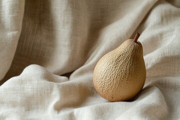 A fresh chikoo with natural rough texture, fabric backdrop in soft taupe color 