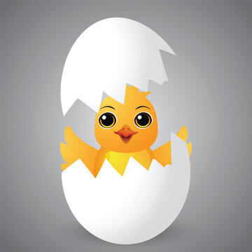 A cute, cartoon style yellow chick hatching from a white eggshell, with big expressive eyes and a joyful smile, set against a soft gray gradient background.