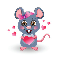 Cute cartoon mouse with big brown eyes holding a pink heart and smiling sweetly.
Blue-gray body, pink cheeks, bow on head, surrounded by floating red hearts
