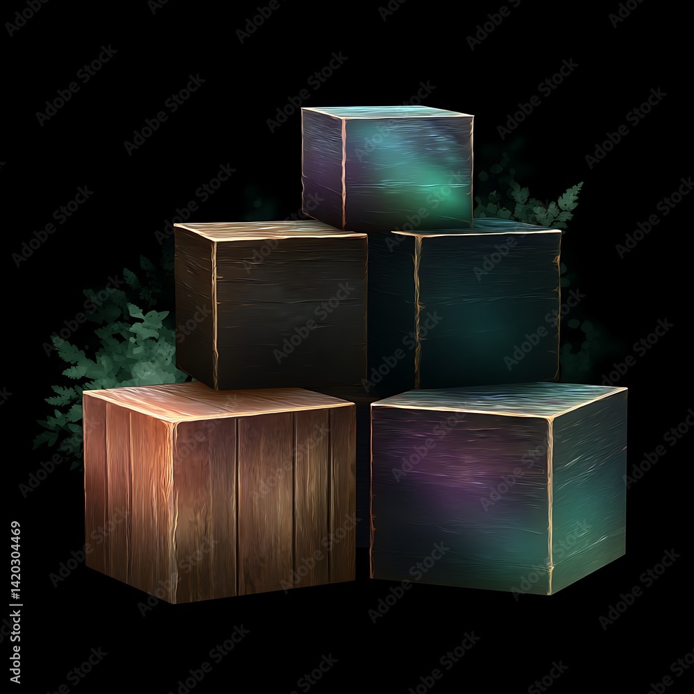 Poster stacked prism blocks in abstract arrangement with subtle gradient textures dark background forest ef