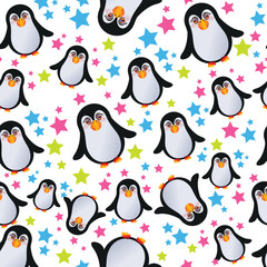 Seamless pattern featuring cute cartoon penguins with big eyes, scattered among colorful stars on a white background.
Playful and vibrant design ideal for kids’ fabric, wallpapers, or wrapping paper.