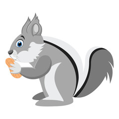 Gray vector skunk with a bold white stripe, bright blue eyes, and fluffy bushy tail holding a peanut in its paws