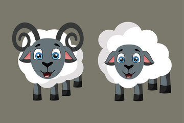 Cartoon sheep duo with fluffy white wool and gray faces one ram with curled horns with smile face