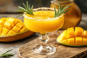 A Vibrant Mango Margarita with Rosemary Garnish in a Crystal-Clear Glass, Resting on a Wooden Cutting Board, Capturing a Bright Tropical Aesthetic