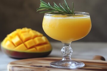 A Vibrant Mango Margarita with Rosemary Garnish in a Crystal-Clear Glass, Resting on a Wooden Cutting Board, Capturing a Bright Tropical Aesthetic