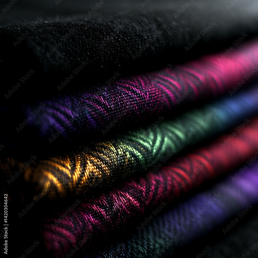 Poster stacked textiles displaying colorful herringbone patterns in a close up artistic composition.