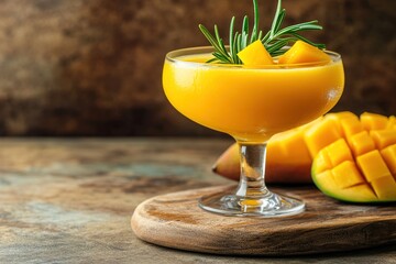 A Vibrant Mango Margarita with Rosemary Garnish in a Crystal-Clear Glass, Resting on a Wooden Cutting Board, Capturing a Bright Tropical Aesthetic