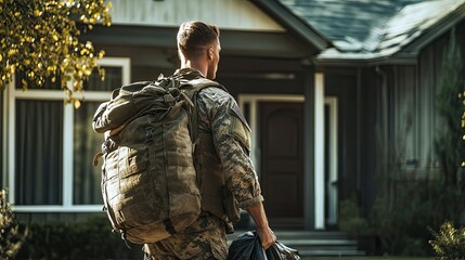 A military service member in camouflage uniform, carrying two large bags, stands facing a suburban home with a welcoming front porch.