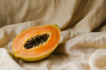 A Fresh Papaya Resting on Soft Cotton Cloth, Styled with Simplicity, Against a Pale Muted Beige Background, Emphasizing Natural Beauty and Minimalist Design