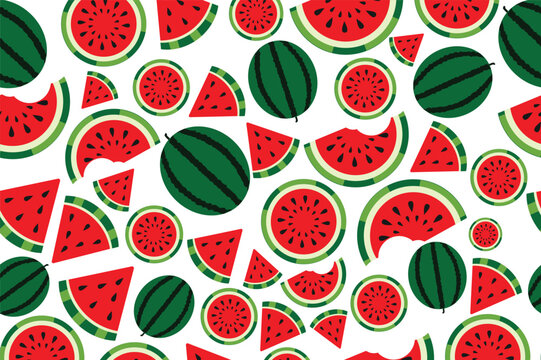 Seamless pattern of vibrant watermelon slices and whole melons with red flesh, green rind, and black seeds in a playful, cartoon style. Perfect for summer, tropical, or fruity-themed designs