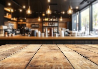Fototapeta premium Wooden cafe countertop, blurred background
