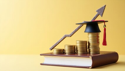 Graduation cap on growing gold coin stacks atop a book symbolizing increasing education costs and financial investment in