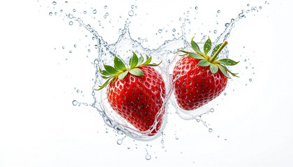 Water splash with two strawberries in air isolated on white background. Fresh and juicy.