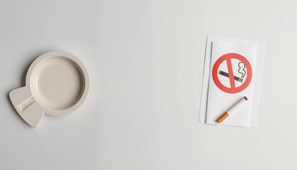 Empty ashtray with no smoking sign on clean countertop, promoting wellness