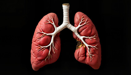 Artistic depiction of cigarette-shaped lungs on dark background, health warning
