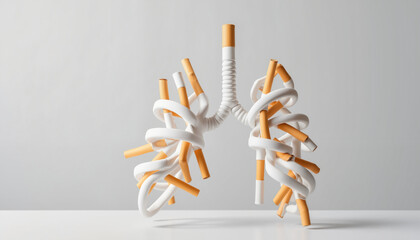 Cigarette-shaped lungs in minimalist setting, symbolizing health risks