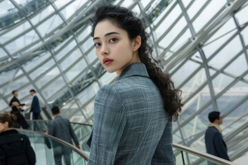 Fototapeta premium A stylish woman stands in a modern architectural setting, exuding confidence and elegance amidst a busy background.