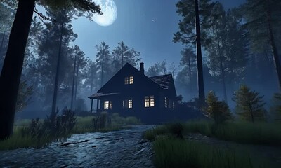 Spooky wooden house under full moonlight with eerie glowing windows, creepy trees, and foggy forest atmosphere. Perfect Halloween horror vibe