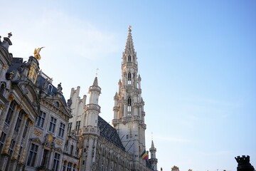 Obraz premium Close-up view of the ornate Gothic tower of City Hall at Grand Place against a clear blue sky at sunset.