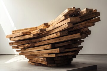 A Podium Made Entirely of Stacked and Interlocking Wooden Planks, Forming a Dynamic, Angular Shape That Combines Structure with Artistic Complexity for Modern Displays
