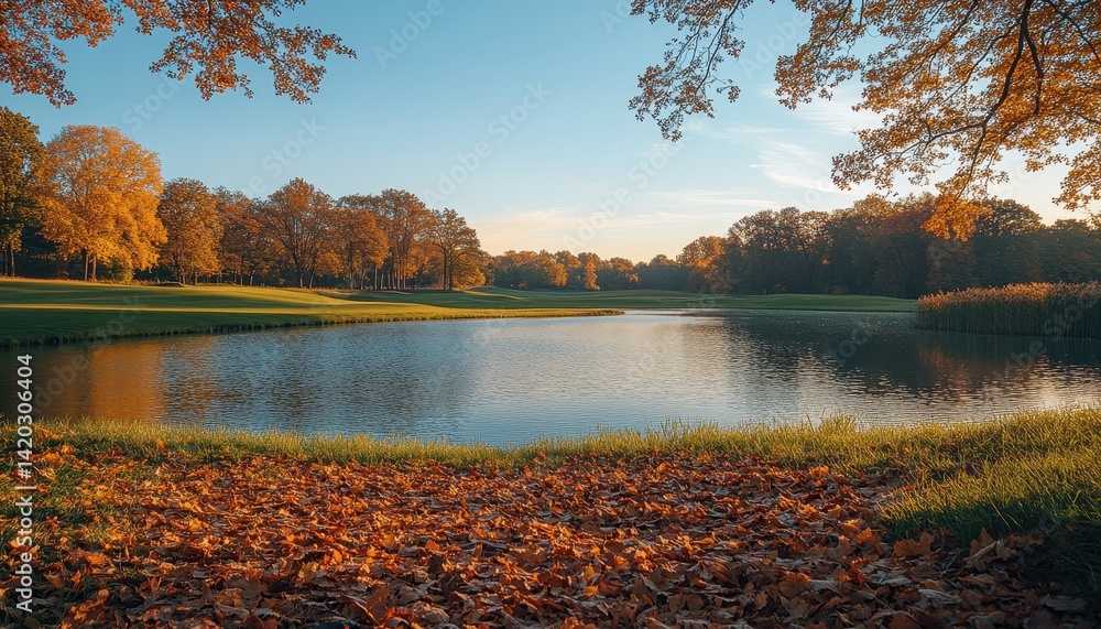 Poster sunset illuminates a carpet of autumn leaves in a tranquil park setting showcasing the beauty of nat