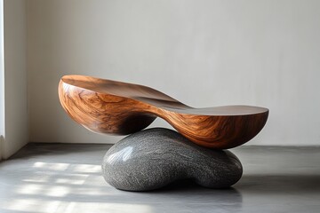 A Podium Combining Smooth Stone and Polished Wood with Organic, Flowing Shapes, Blending Natural Elements into an Elegant, Sculptural Design for Modern Display Purposes