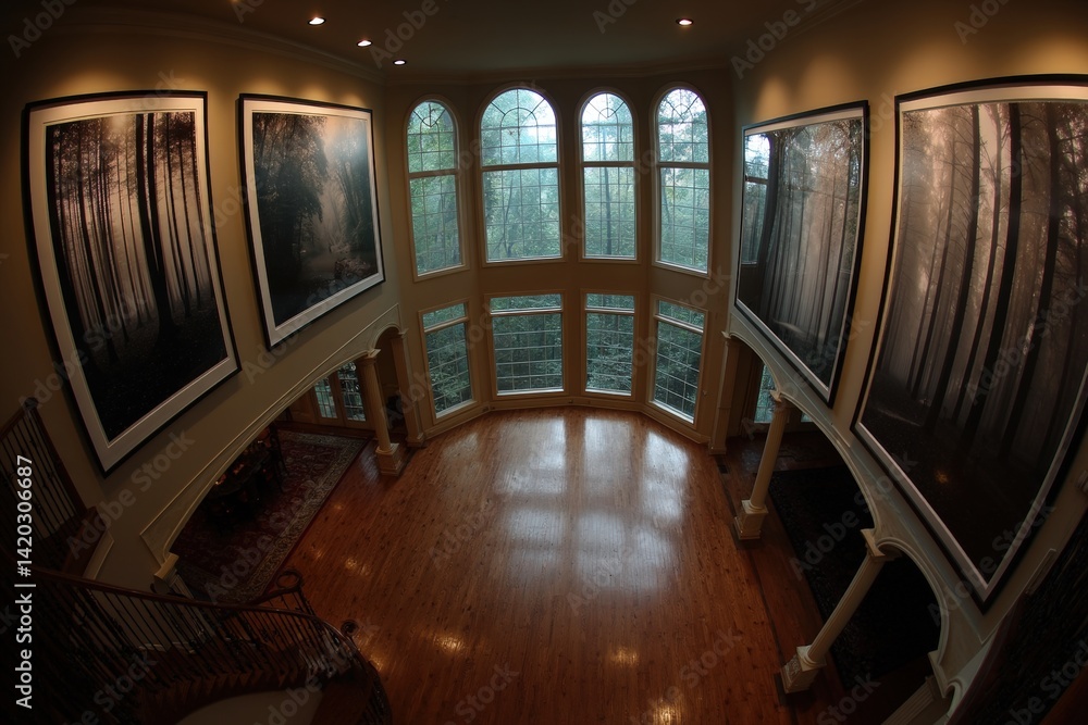 Poster a spacious interior with large windows and forest-themed artwork, creating a serene and inviting atm