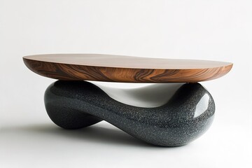 A Podium Combining Smooth Stone and Polished Wood with Organic, Flowing Shapes, Blending Natural Elements into an Elegant, Sculptural Design for Modern Display Purposes