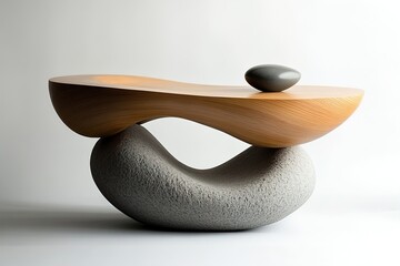 A Podium Combining Smooth Stone and Polished Wood with Organic, Flowing Shapes, Blending Natural Elements into an Elegant, Sculptural Design for Modern Display Purposes