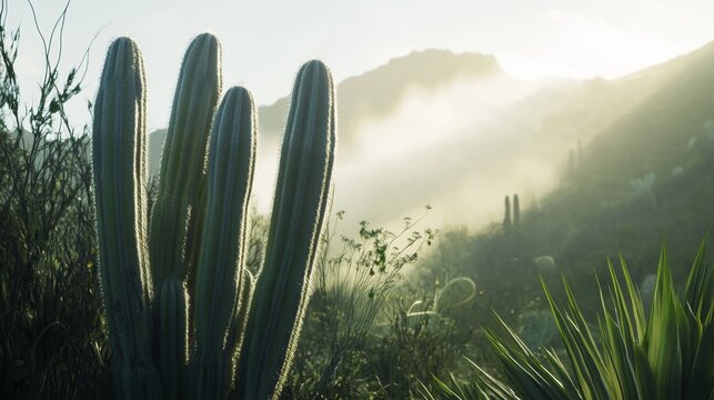Close up of a thriving san pedro cactus in the enigmatic peruvian andes surrounded by morning mist