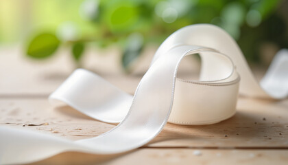 Naklejka premium Elegant white ribbon draped over rustic wood, simple beauty