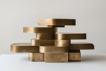 A Floating Podium Crafted from Stacked Geometric Shapes in Brushed Brass, Creating an Illusion of Suspended Movement and Elegance