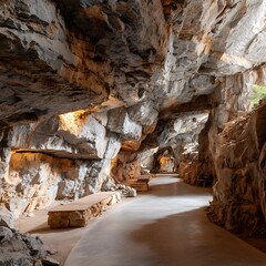 Stone Pathway Through Illuminated Cave with Benches for Relaxation and Exploration Adventure.