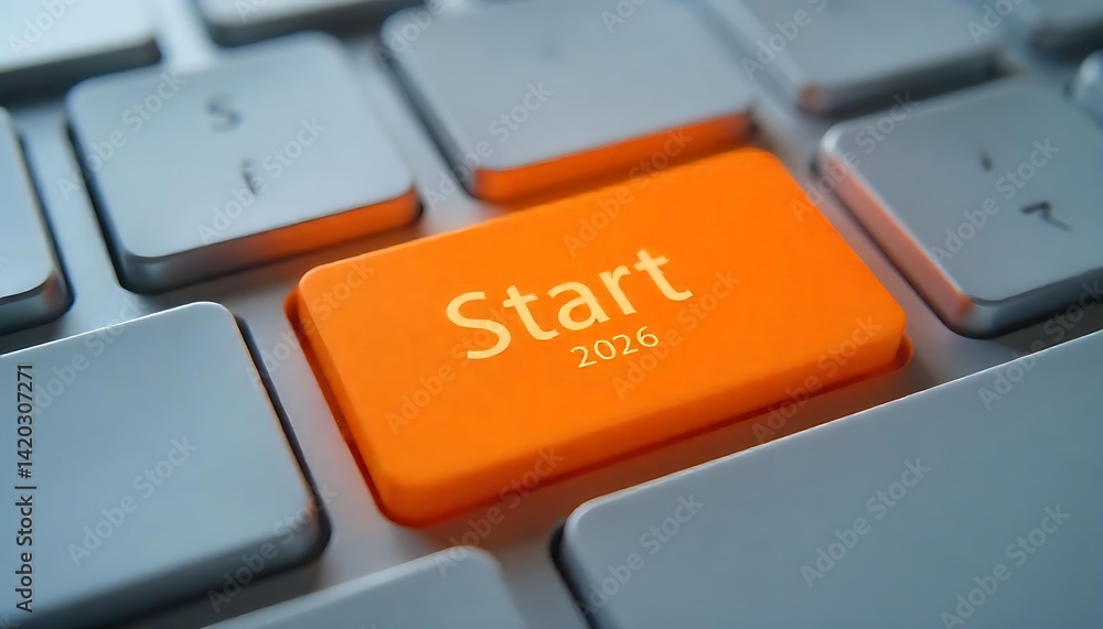 Fototapete an orange button with the text start 2026 on a keyboard, 2026 happy new year background design. gree