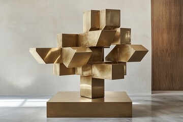 A Floating Podium Crafted from Stacked Geometric Shapes in Brushed Brass, Creating an Illusion of Suspended Movement and Elegance
