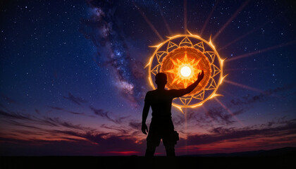 Obraz premium Silhouette of a person interacting with a glowing sun symbol