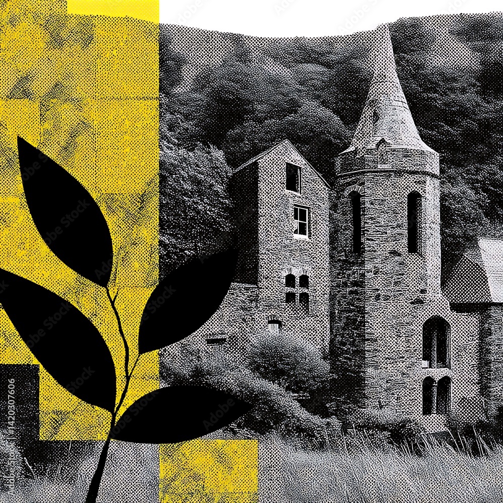Poster stone tower landscape architecture perspective architectural design building with botanical element.